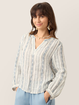 Linen Tribal Stripe Split Neck Bohemian Blouse KERENZA - Glamourous Grace
