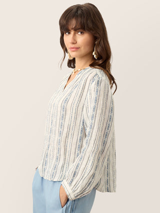 Linen Tribal Stripe Split Neck Bohemian Blouse KERENZA - Glamourous Grace