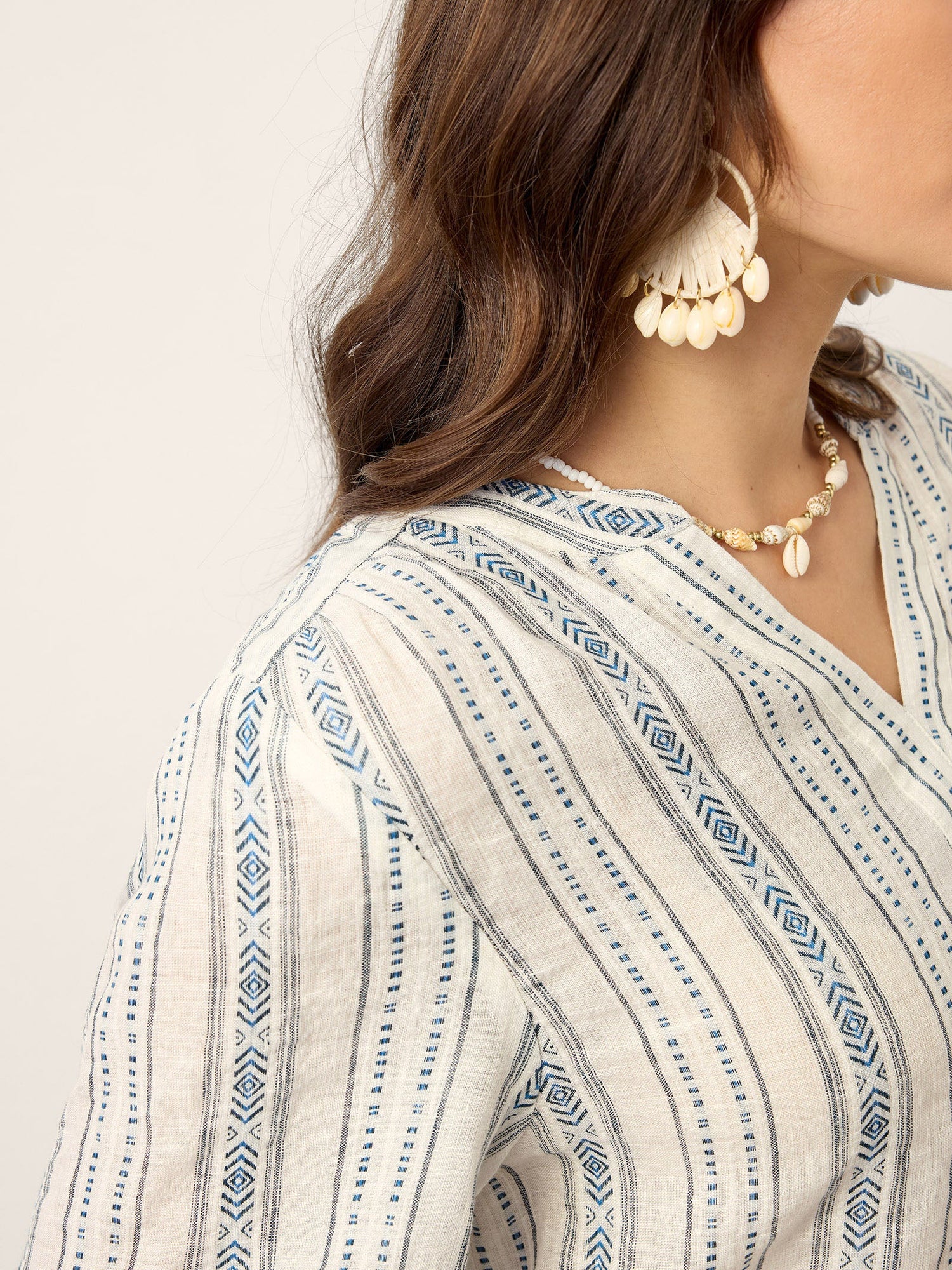 Linen Tribal Stripe Split Neck Bohemian Blouse KERENZA - Glamourous Grace