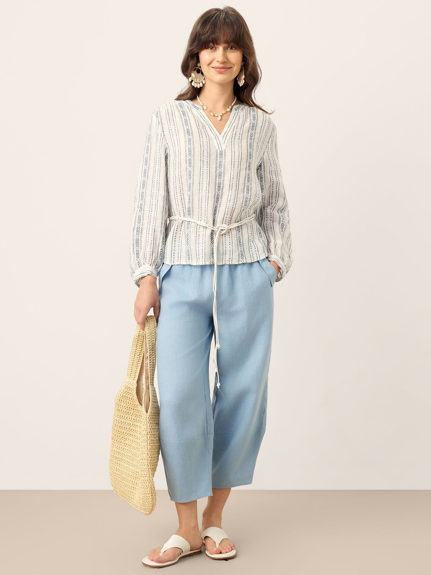 Linen Tribal Stripe Split Neck Bohemian Blouse KERENZA - Glamourous Grace