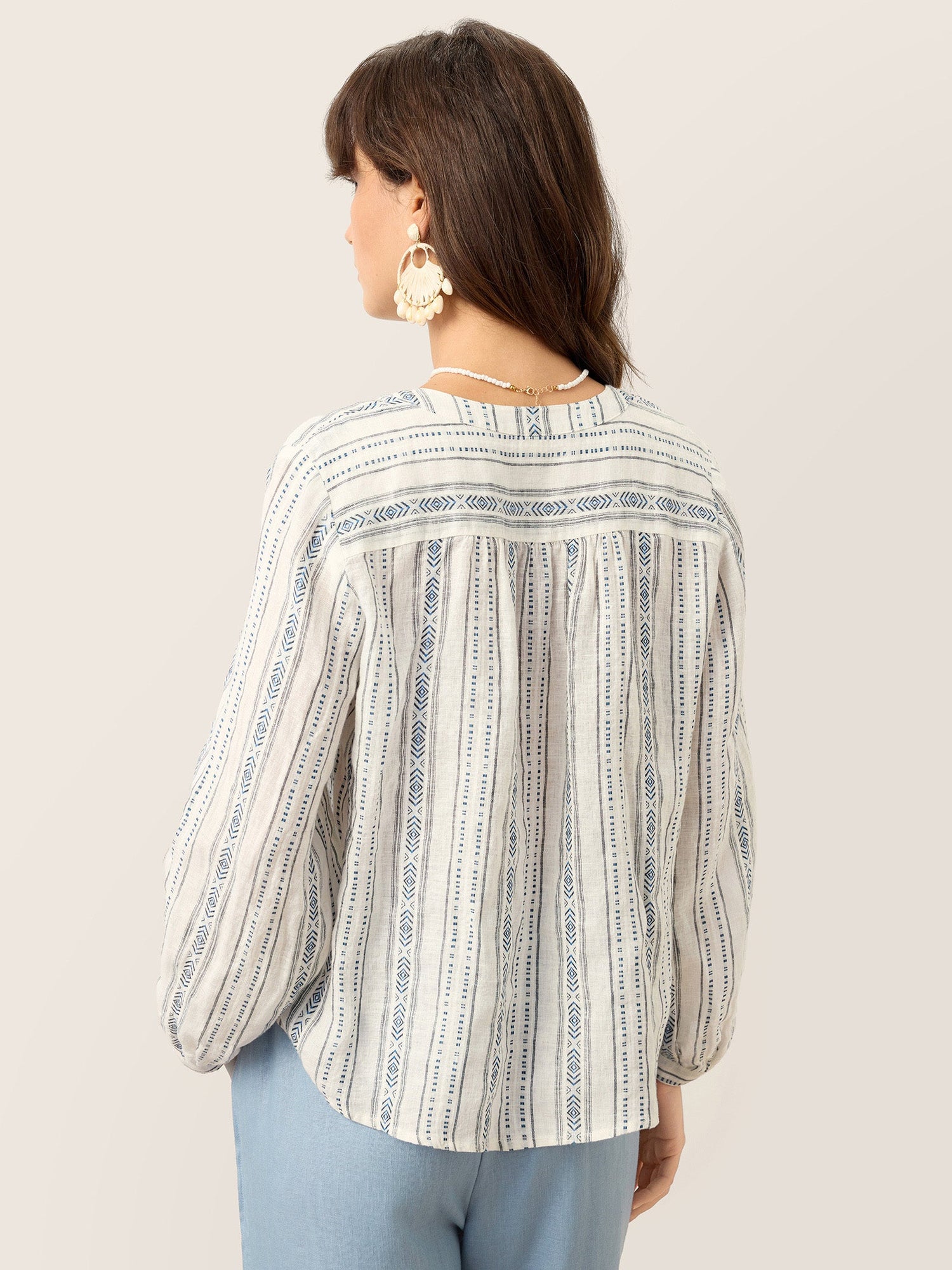 Linen Tribal Stripe Split Neck Bohemian Blouse KERENZA - Glamourous Grace
