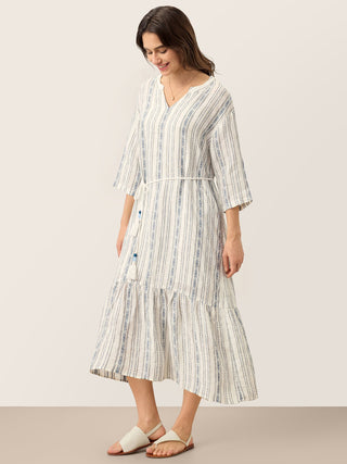 Linen Tribal Stripe Split Neck Bohemian Ruffle Maxi Dress with Woven Belt and Slip MARLOWE - Glamourous Grace