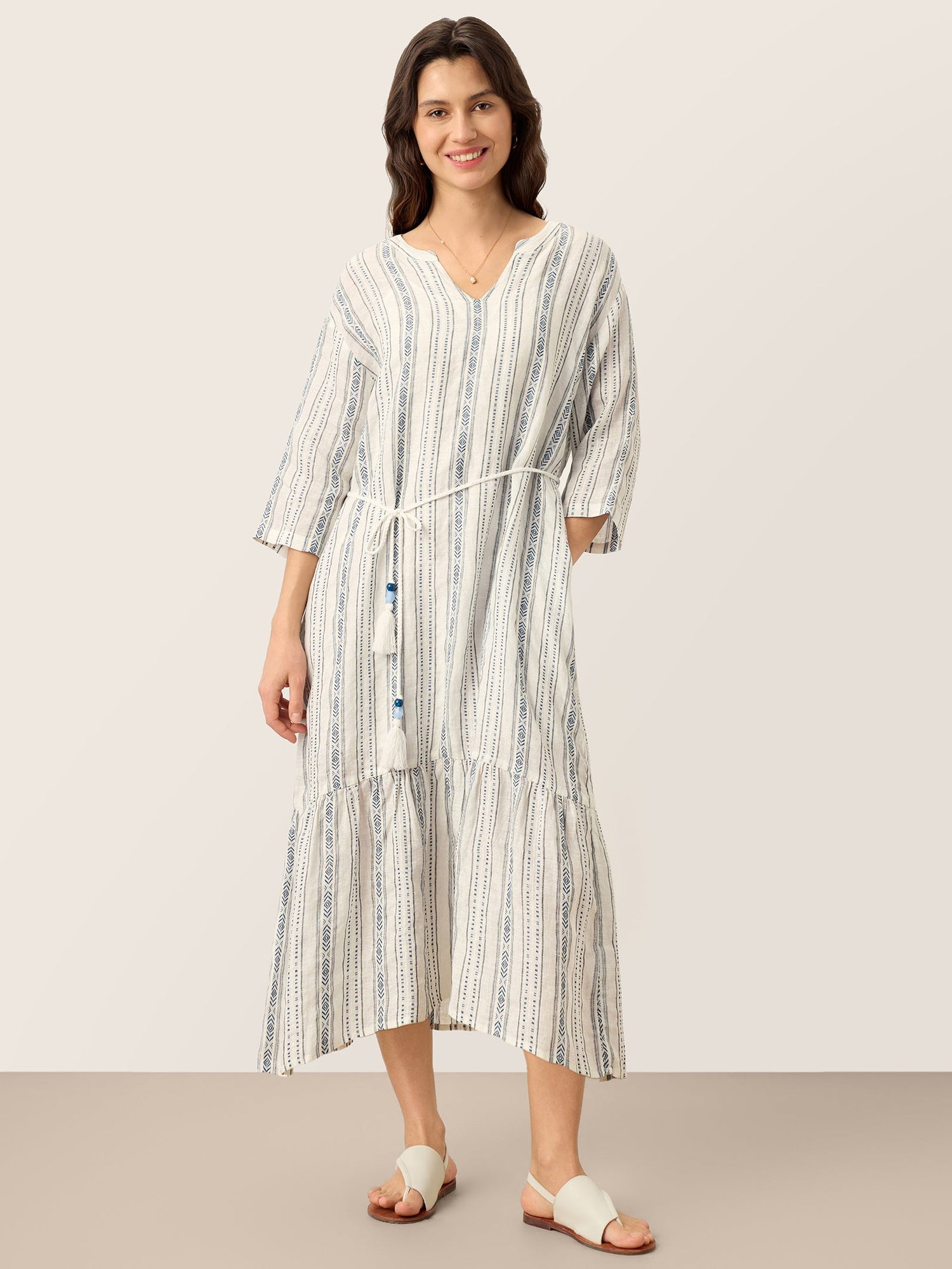 Linen Tribal Stripe Split Neck Bohemian Ruffle Maxi Dress with Woven Belt and Slip MARLOWE - Glamourous Grace