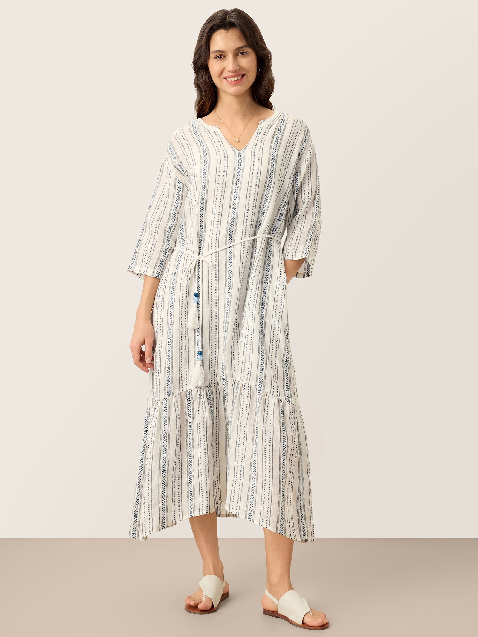 Linen Tribal Stripe Split Neck Bohemian Ruffle Midi Dress with Woven Belt and Slip MARLOWE - Glamourous Grace