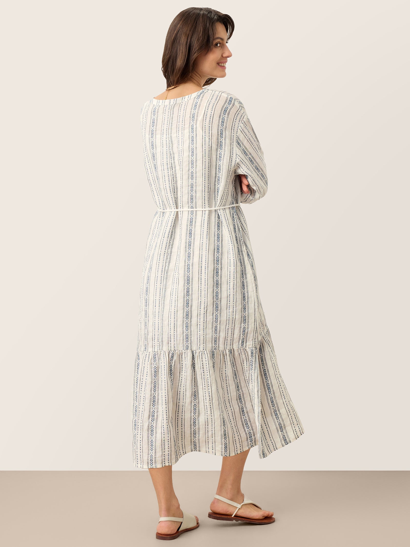 Linen Tribal Stripe Split Neck Bohemian Ruffle Midi Dress with Woven Belt and Slip MARLOWE - Glamourous Grace