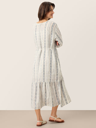 Linen Tribal Stripe Split Neck Bohemian Ruffle Maxi Dress with Woven Belt and Slip MARLOWE - Glamourous Grace