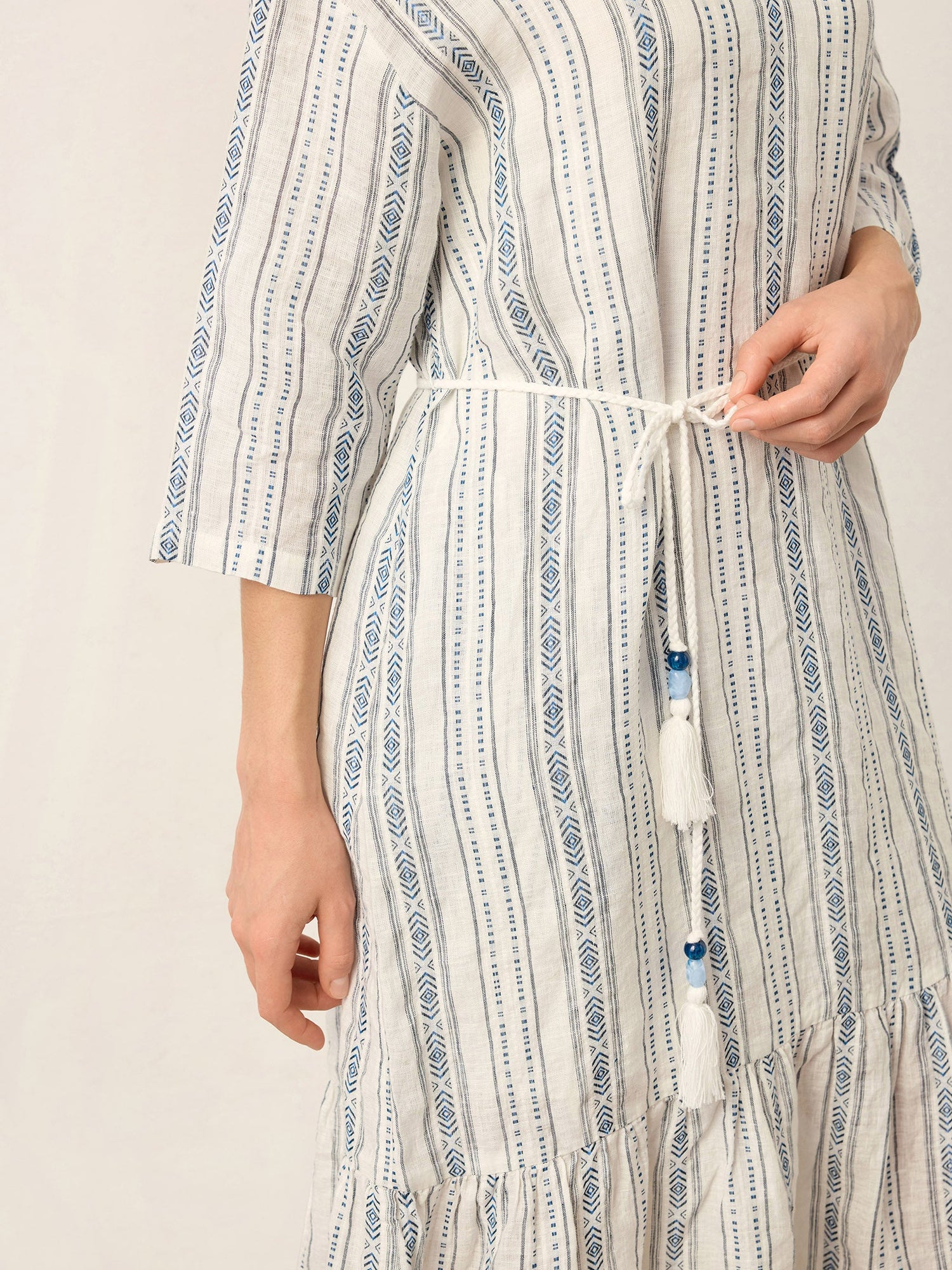 Linen Tribal Stripe Split Neck Bohemian Ruffle Maxi Dress with Woven Belt and Slip MARLOWE - Glamourous Grace
