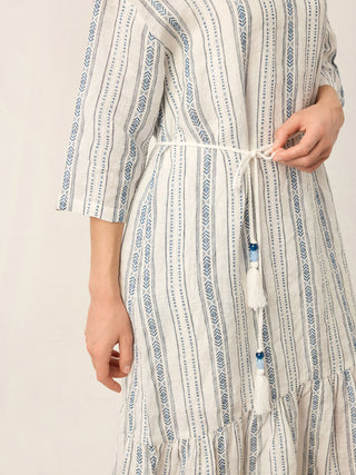 Linen Tribal Stripe Split Neck Bohemian Ruffle Maxi Dress with Woven Belt and Slip MARLOWE - Glamourous Grace