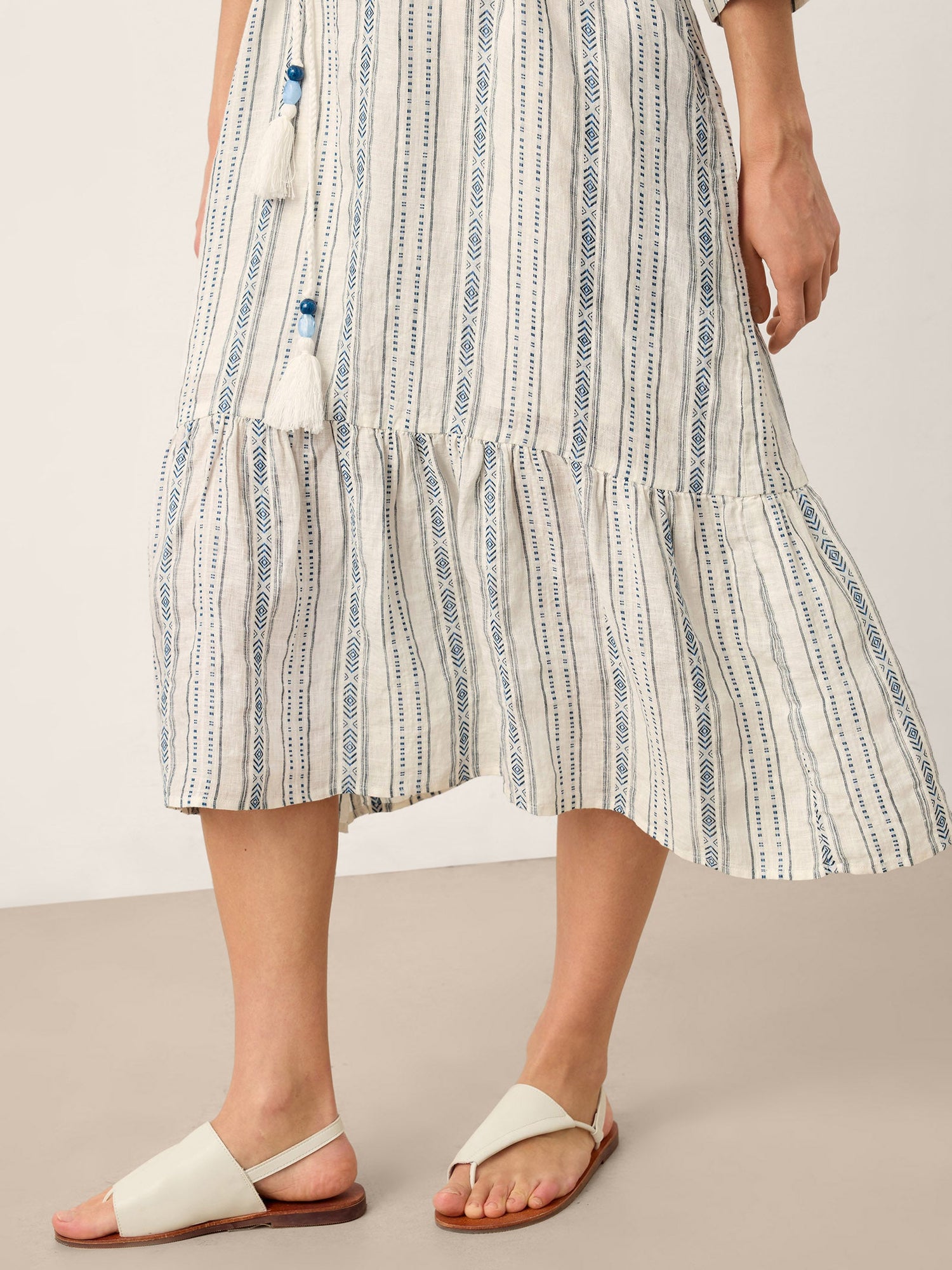Linen Tribal Stripe Split Neck Bohemian Ruffle Maxi Dress with Woven Belt and Slip MARLOWE - Glamourous Grace