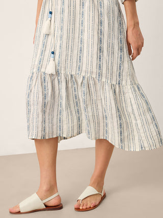 Linen Tribal Stripe Split Neck Bohemian Ruffle Maxi Dress with Woven Belt and Slip MARLOWE - Glamourous Grace