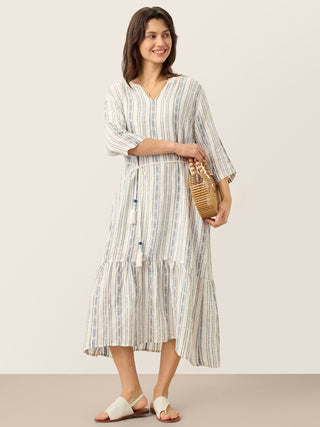 Linen Tribal Stripe Split Neck Bohemian Ruffle Maxi Dress with Woven Belt and Slip MARLOWE - Glamourous Grace