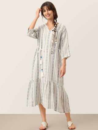 Linen Tribal Stripe Split Neck Bohemian Ruffle Maxi Dress with Woven Belt and Slip MARLOWE - Glamourous Grace