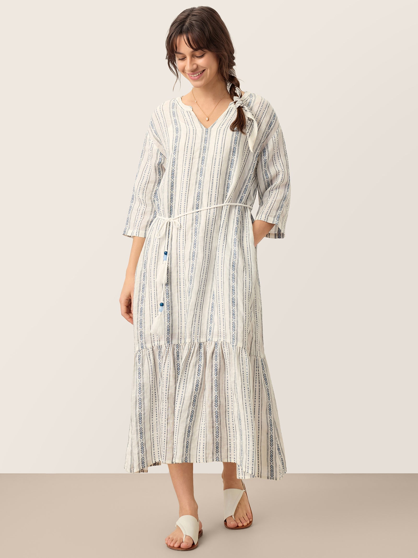 Linen Tribal Stripe Split Neck Bohemian Ruffle Midi Dress with Woven Belt and Slip MARLOWE - Glamourous Grace