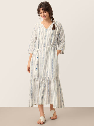 Linen Tribal Stripe Split Neck Bohemian Ruffle Maxi Dress with Woven Belt and Slip MARLOWE - Glamourous Grace