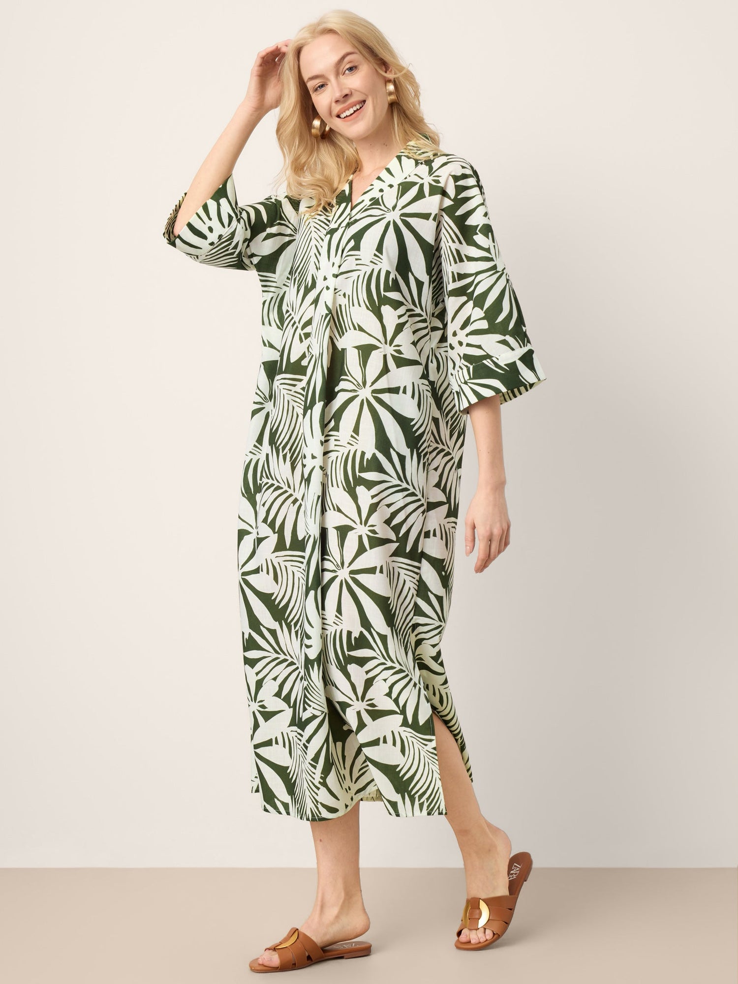 Linen Palm Print Camp Collar Relaxed Maxi Shirt Dress MINERVA - Glamourous Grace