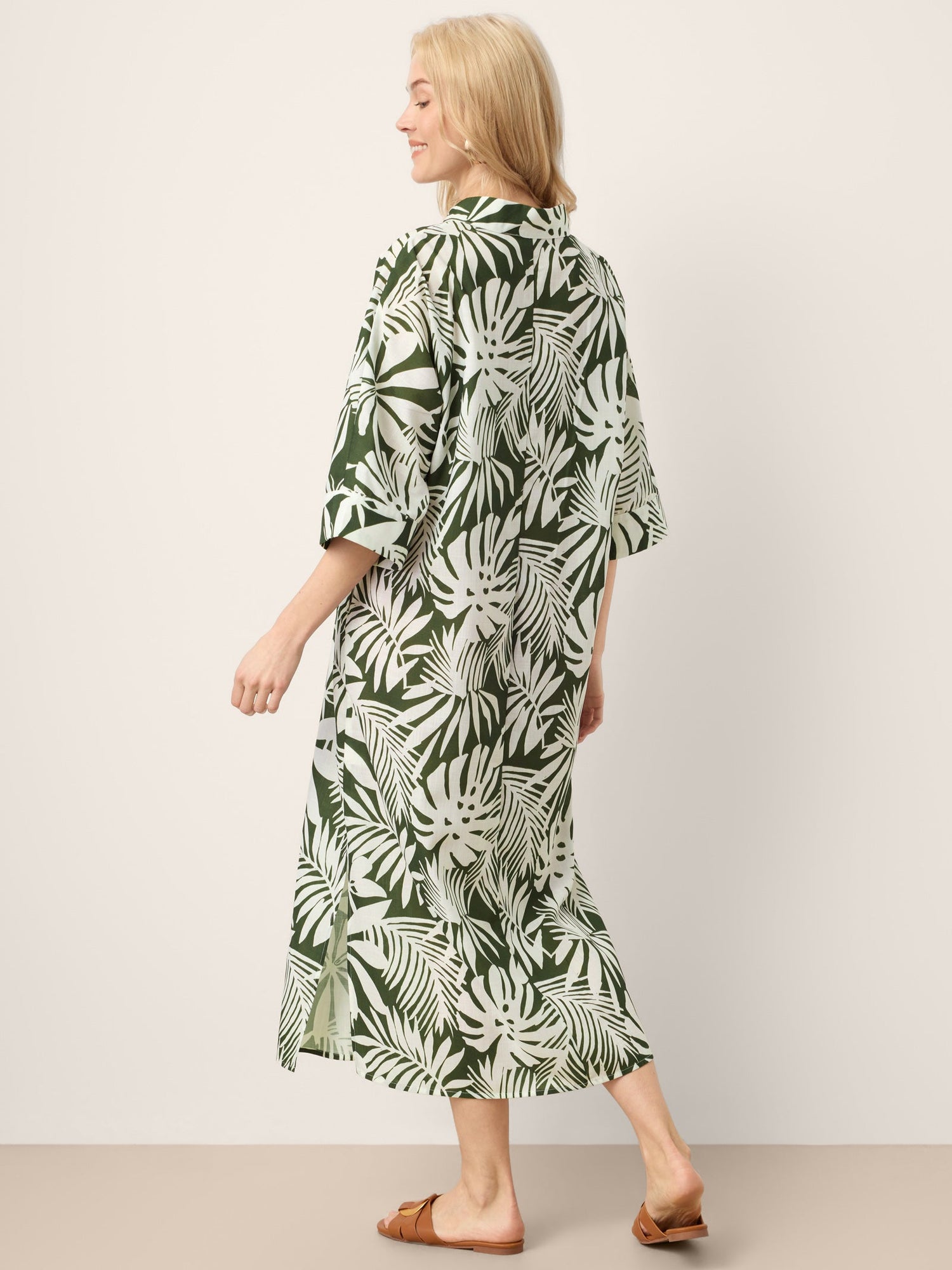 Linen Palm Print Camp Collar Relaxed Maxi Shirt Dress MINERVA - Glamourous Grace