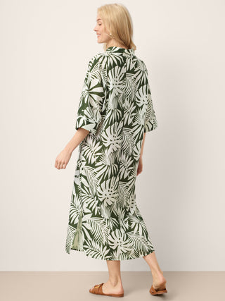Linen Palm Print Camp Collar Relaxed Maxi Shirt Dress MINERVA - Glamourous Grace