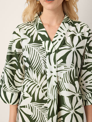 Linen Palm Print Camp Collar Relaxed Maxi Shirt Dress MINERVA - Glamourous Grace