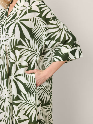 Linen Palm Print Camp Collar Relaxed Maxi Shirt Dress MINERVA - Glamourous Grace
