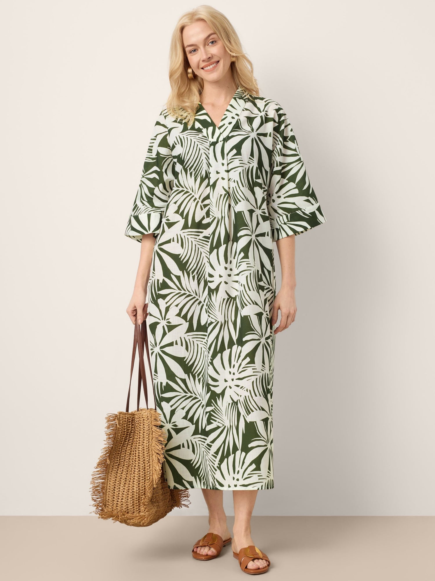 Linen Palm Print Camp Collar Relaxed Maxi Shirt Dress MINERVA - Glamourous Grace
