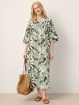 Linen Palm Print Camp Collar Relaxed Maxi Shirt Dress MINERVA - Glamourous Grace