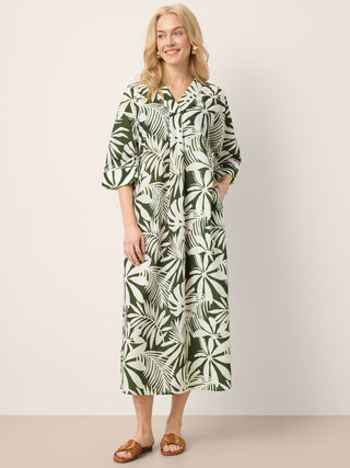 Linen Palm Print Camp Collar Relaxed Maxi Shirt Dress MINERVA - Glamourous Grace