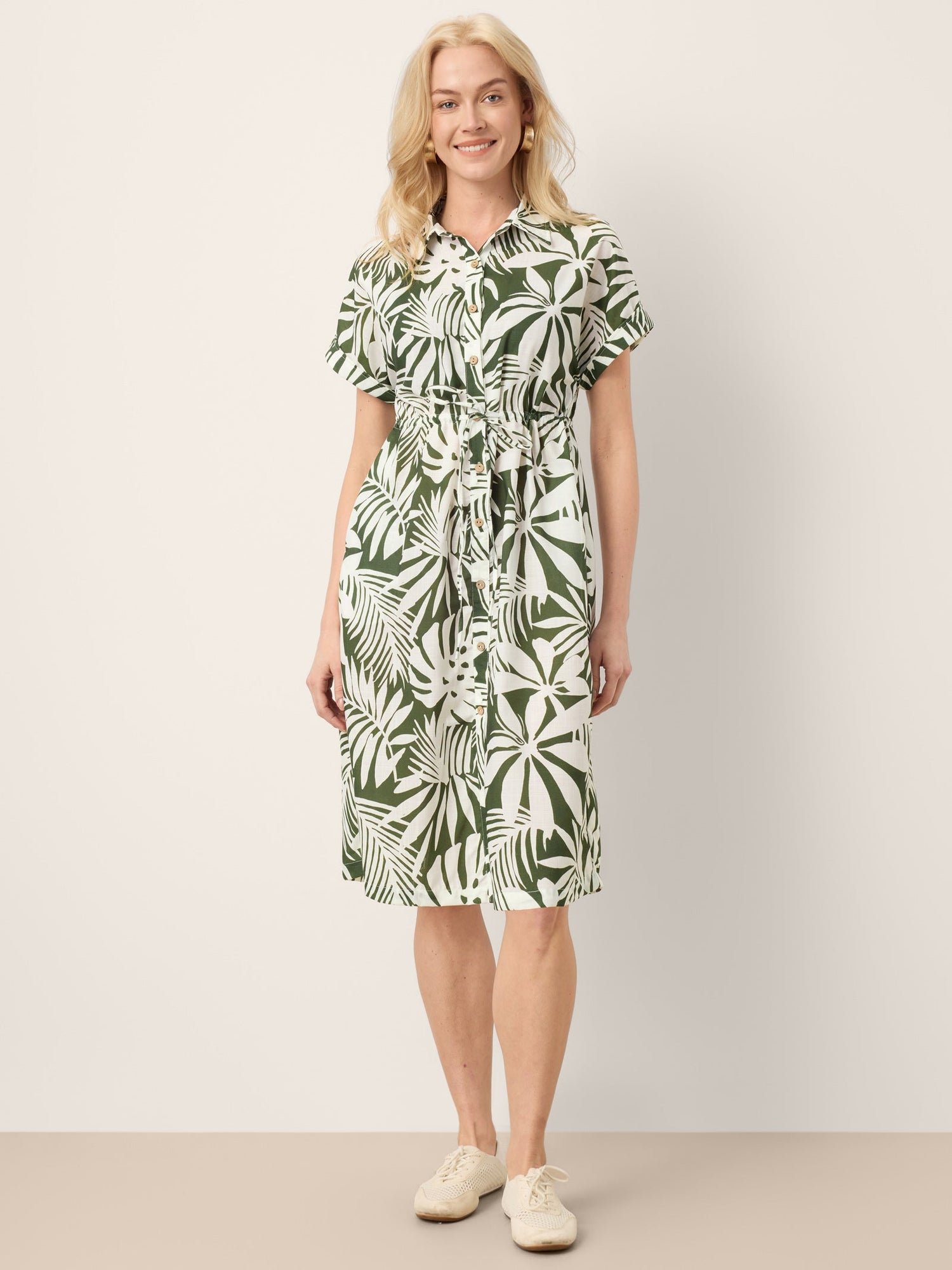 Linen Palm Print Drawstring Waist Cuffed Sleeve Midi Shirt Dress AURELIA - Glamourous Grace