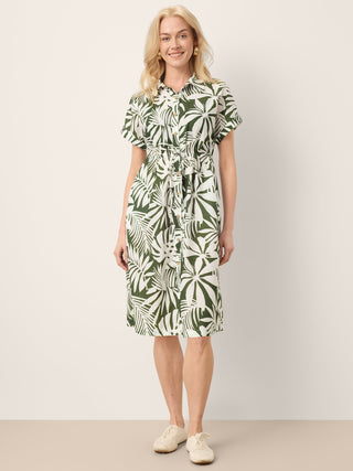 Linen Palm Print Drawstring Waist Cuffed Sleeve Midi Shirt Dress AURELIA - Glamourous Grace