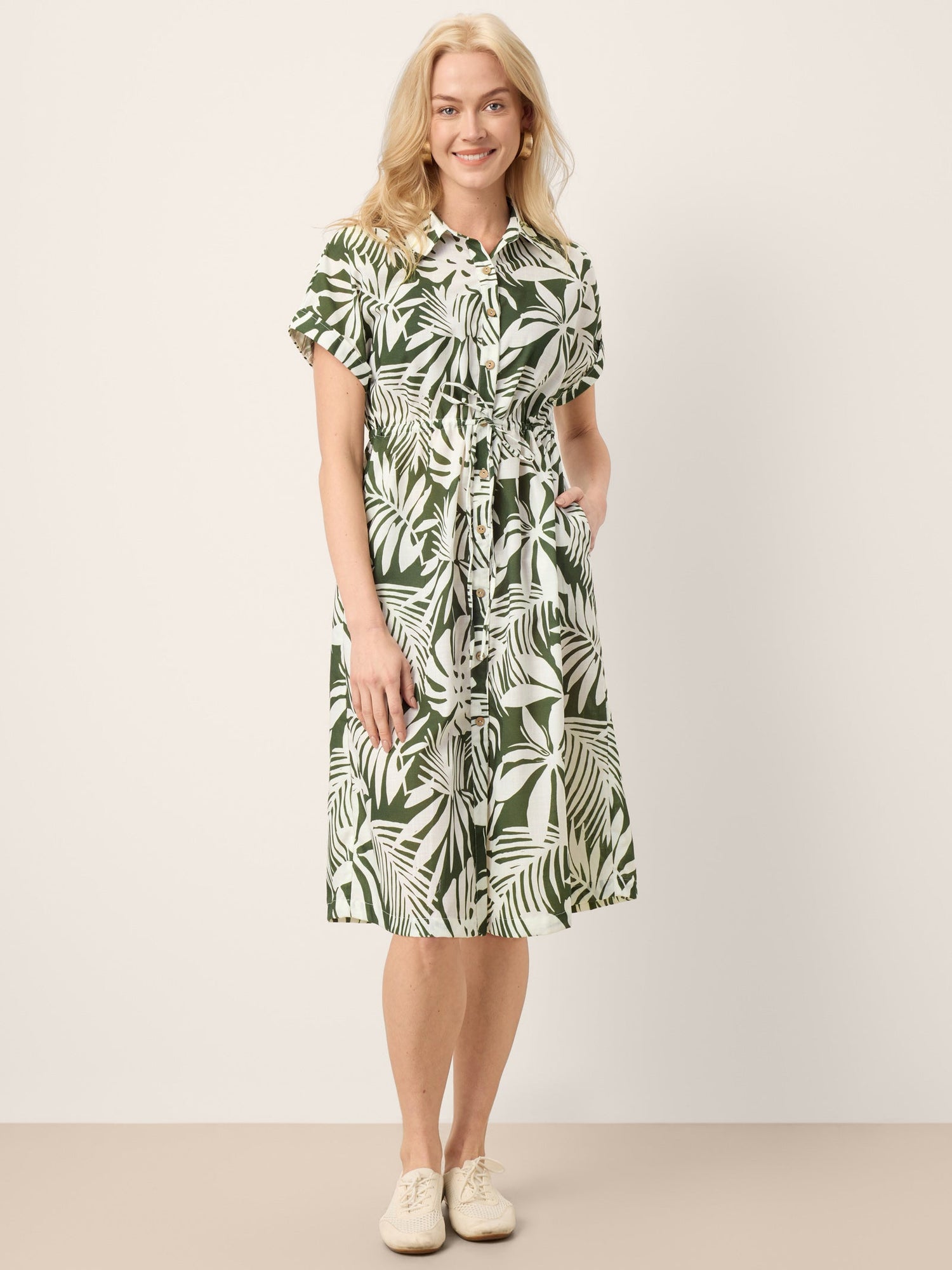 Linen Palm Print Drawstring Waist Cuffed Sleeve Midi Shirt Dress AURELIA - Glamourous Grace