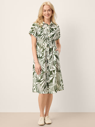 Linen Palm Print Drawstring Waist Cuffed Sleeve Midi Shirt Dress AURELIA - Glamourous Grace