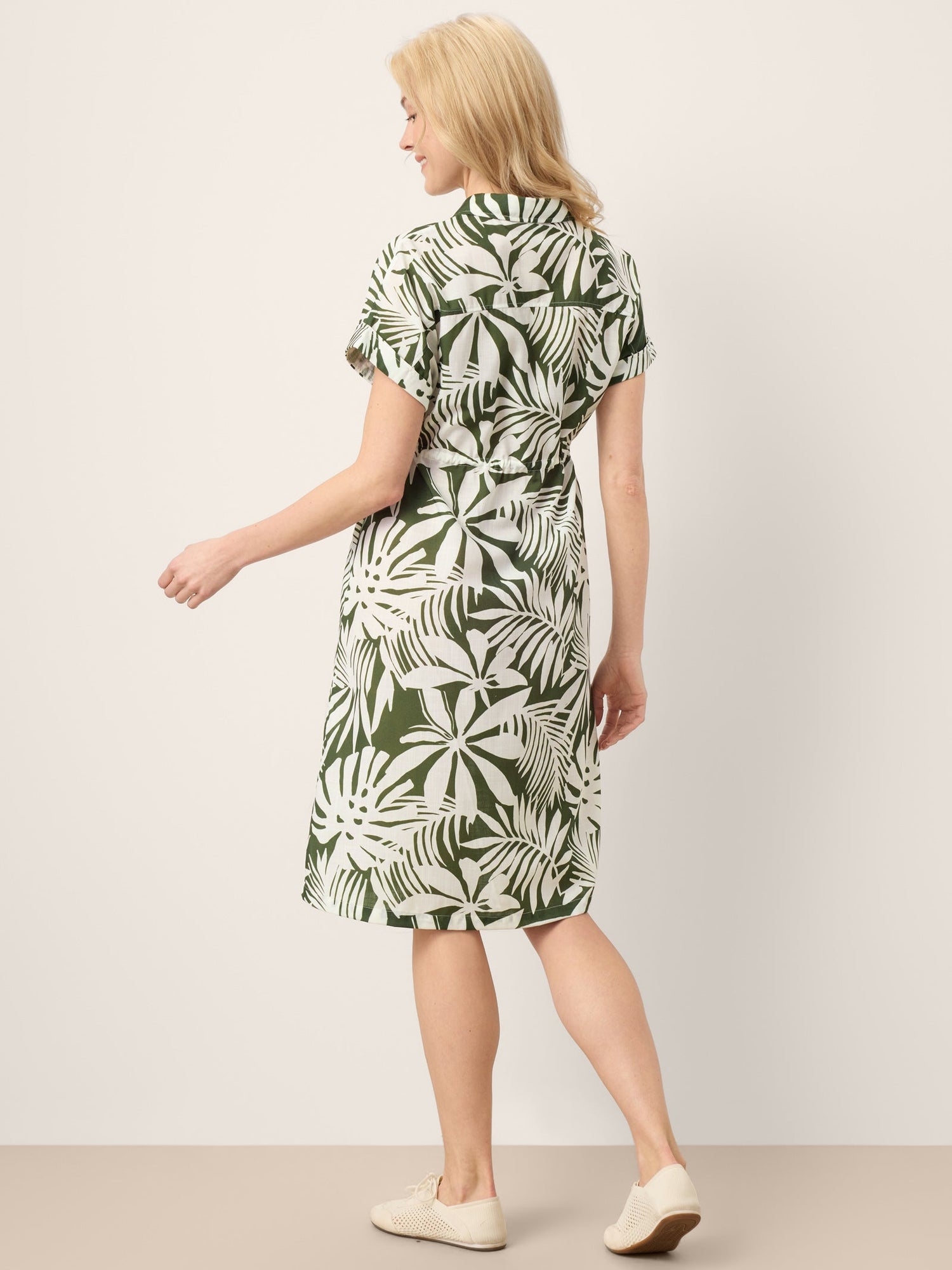 Linen Palm Print Drawstring Waist Cuffed Sleeve Midi Shirt Dress AURELIA - Glamourous Grace