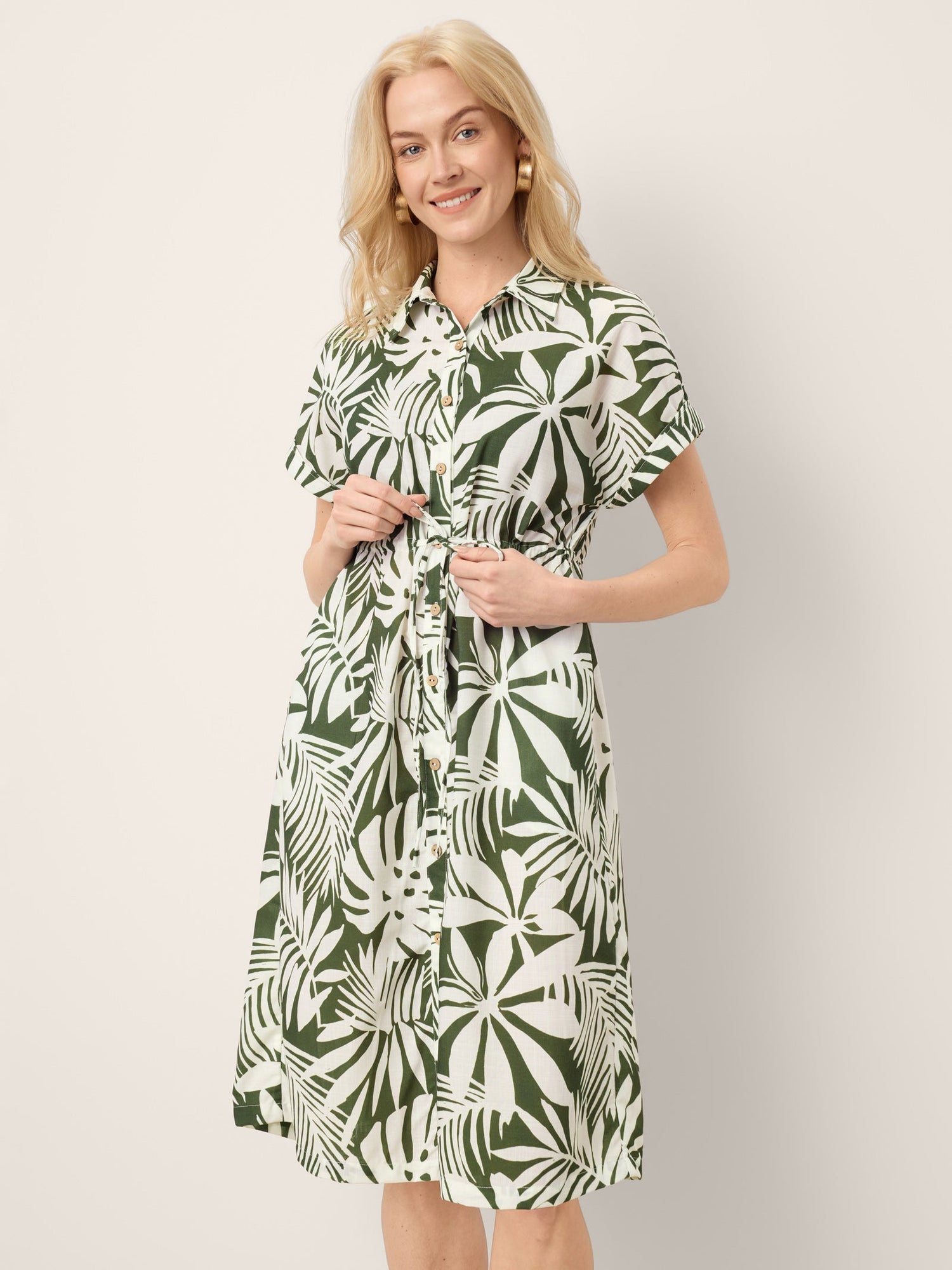 Linen Palm Print Drawstring Waist Cuffed Sleeve Midi Shirt Dress AURELIA - Glamourous Grace