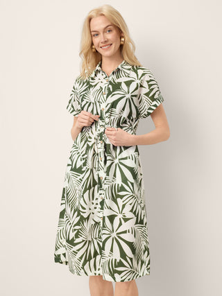 Linen Palm Print Drawstring Waist Cuffed Sleeve Midi Shirt Dress AURELIA - Glamourous Grace