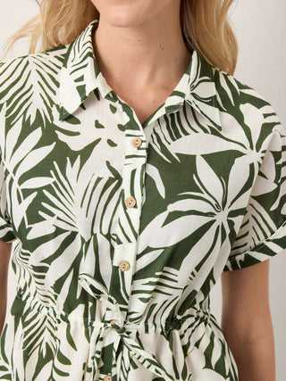 Linen Palm Print Drawstring Waist Cuffed Sleeve Midi Shirt Dress AURELIA - Glamourous Grace