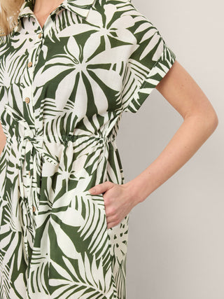 Linen Palm Print Drawstring Waist Cuffed Sleeve Midi Shirt Dress AURELIA - Glamourous Grace
