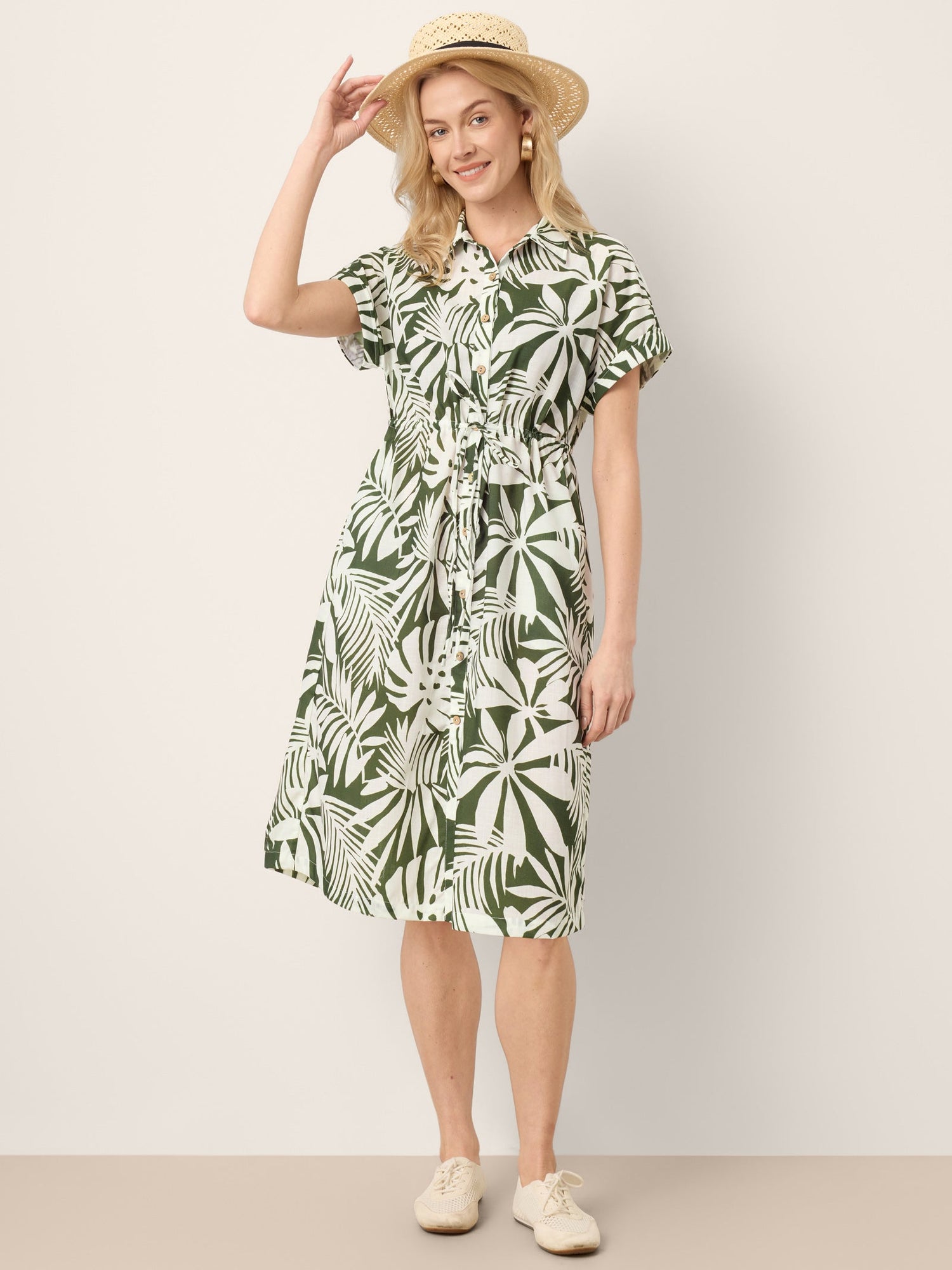 Linen Palm Print Drawstring Waist Cuffed Sleeve Midi Shirt Dress AURELIA - Glamourous Grace