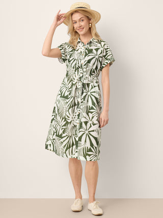 Linen Palm Print Drawstring Waist Cuffed Sleeve Midi Shirt Dress AURELIA - Glamourous Grace