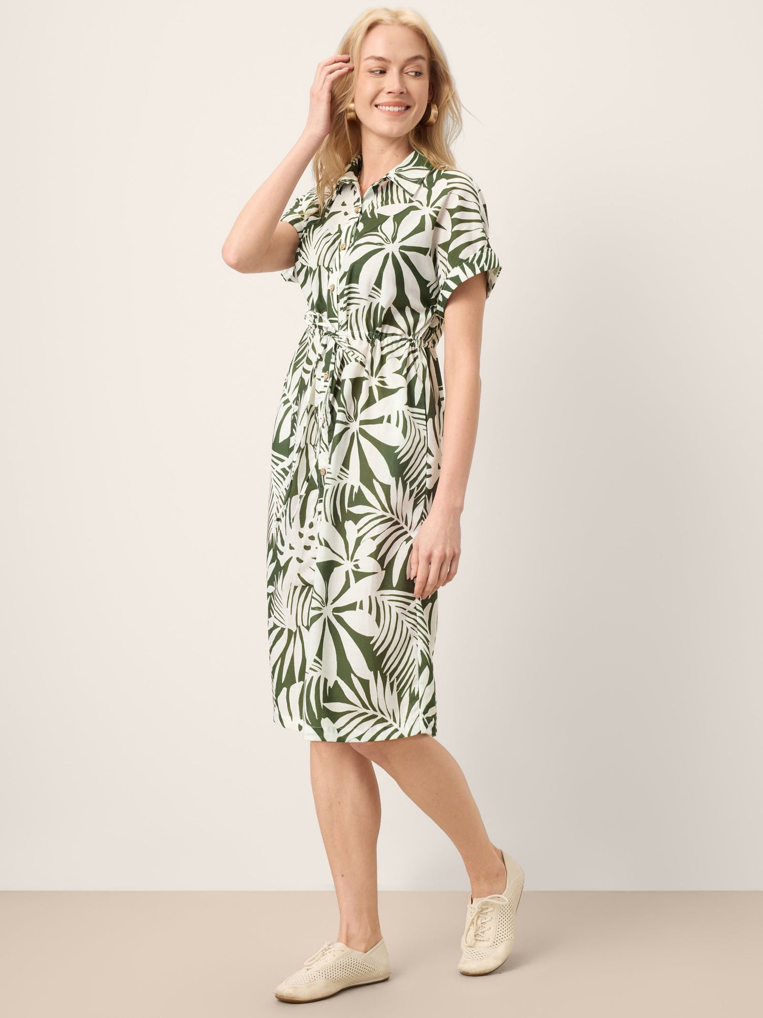Linen Palm Print Drawstring Waist Cuffed Sleeve Midi Shirt Dress AURELIA - Glamourous Grace