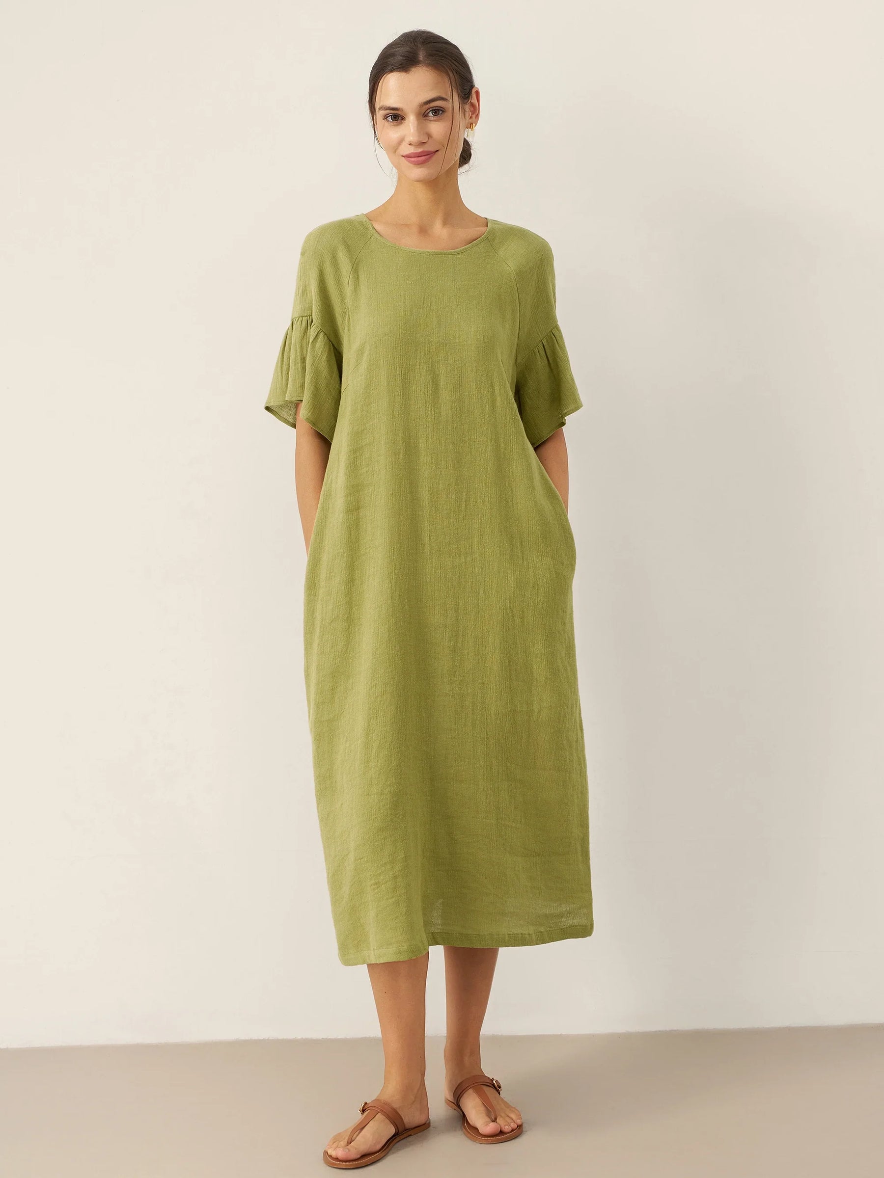 Linen Round Neck Flutter Sleeve Maxi Dress WINNIE - Glamourous Grace