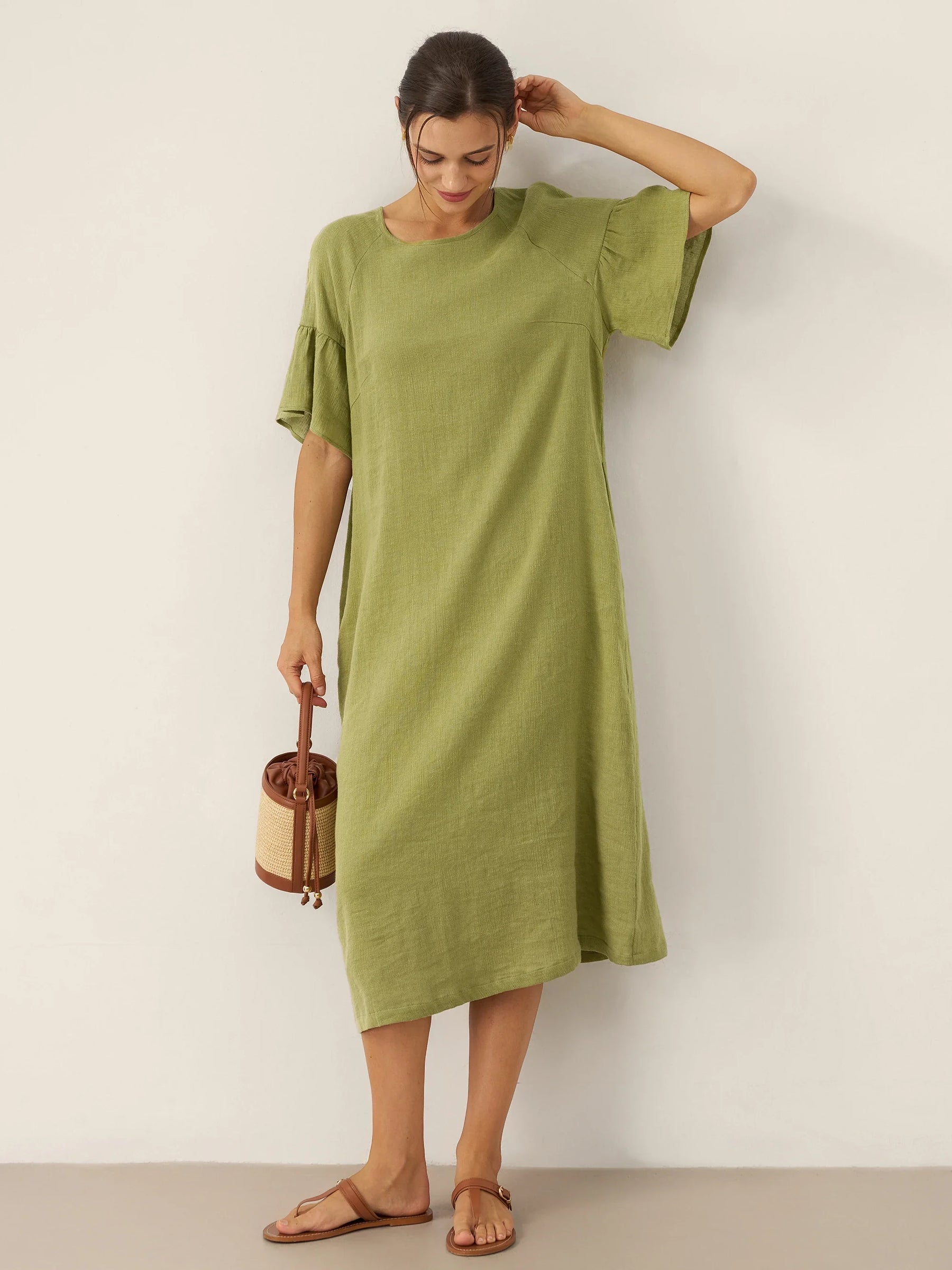 Linen Round Neck Flutter Sleeve Maxi Dress WINNIE - Glamourous Grace