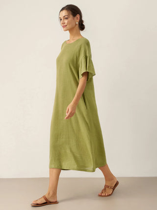 Linen Round Neck Flutter Sleeve Maxi Dress WINNIE - Glamourous Grace
