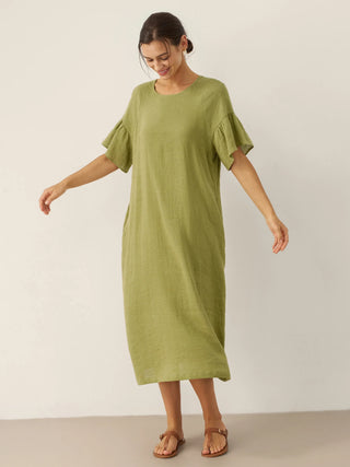 Linen Round Neck Flutter Sleeve Maxi Dress WINNIE - Glamourous Grace