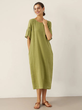 Linen Round Neck Flutter Sleeve Maxi Dress WINNIE - Glamourous Grace