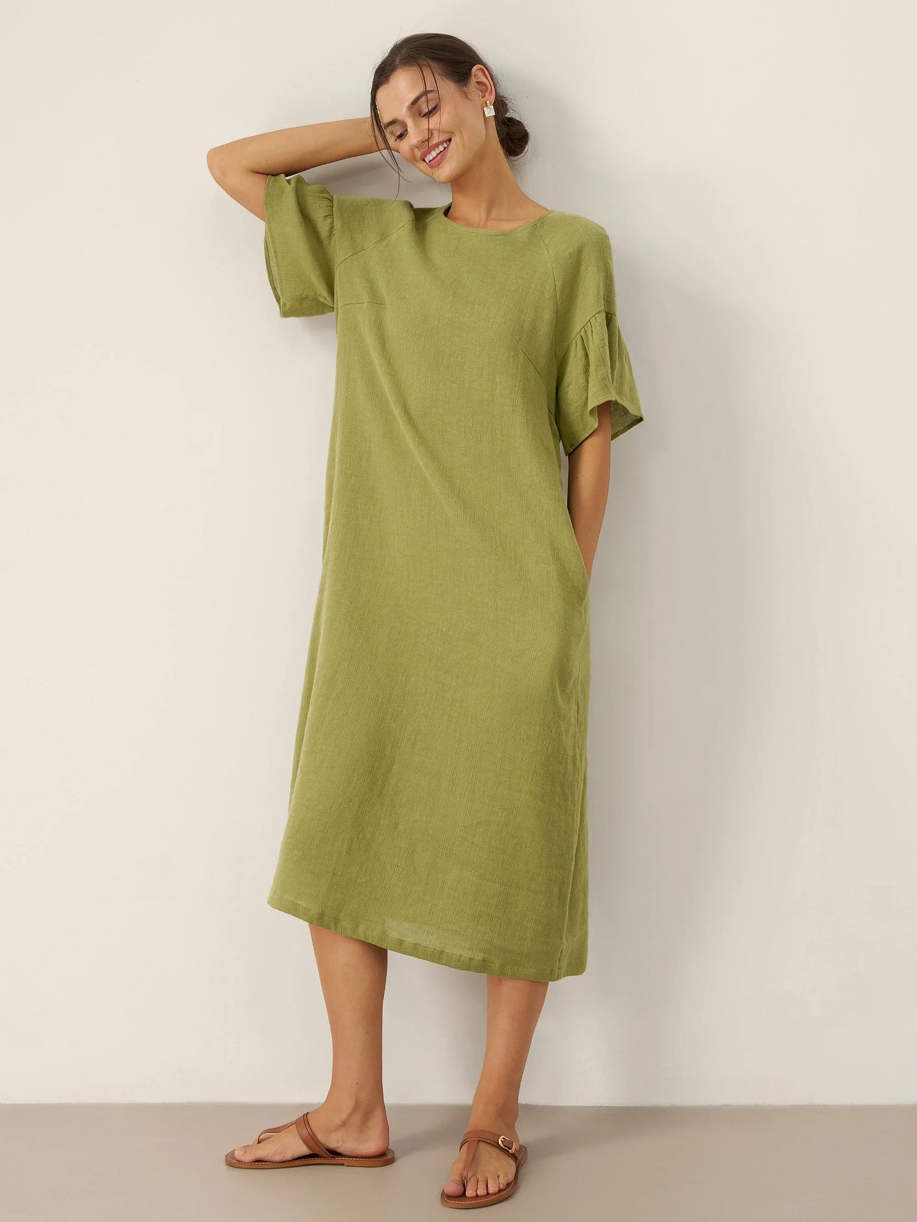 Linen Round Neck Flutter Sleeve Maxi Dress WINNIE - Glamourous Grace