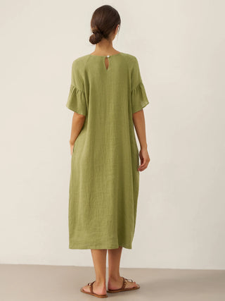 Linen Round Neck Flutter Sleeve Maxi Dress WINNIE - Glamourous Grace