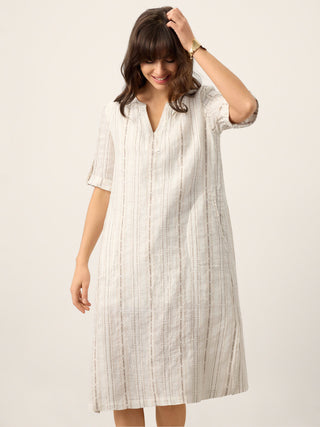 Linen Striped Notch Neck Tab-Cuff Bohemian Midi Dress ALTHEA