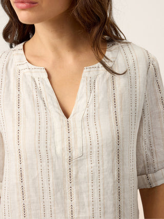 Linen Striped Notch Neck Tab-Cuff Bohemian Midi Dress ALTHEA