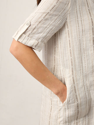 Linen Striped Notch Neck Tab-Cuff Bohemian Midi Dress ALTHEA