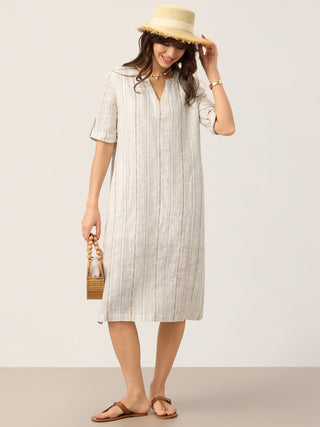 Linen Striped Notch Neck Tab-Cuff Bohemian Midi Dress ALTHEA