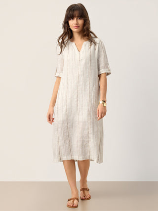 Linen Striped Notch Neck Tab-Cuff Bohemian Midi Dress ALTHEA